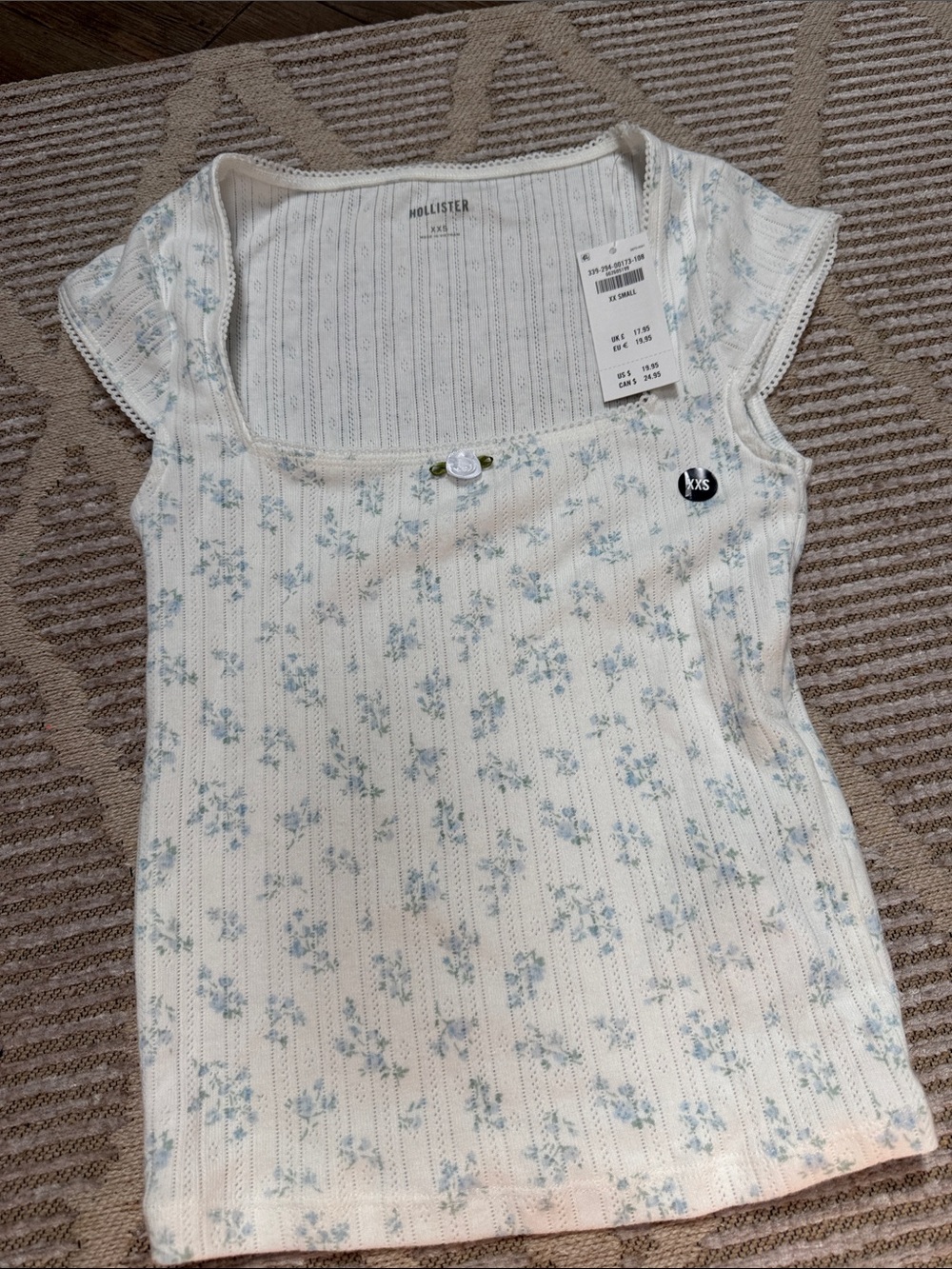 Hollister Cream Ribbed Square-Neck Top with Light Blue Floral Print